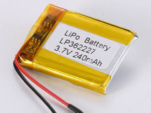 LP362227 3.7V 240mAh Bateria de Lítio Polímero com Alta Densidade de Energia 150-200 Wh/kg e Corrente de Descarga Máxima 0,35A