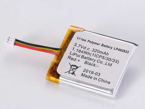 Potente bateria de iões de lítio LP402933 de 3,7 V 320 MAH com 500-1000 ciclos e amplo intervalo de temperatura